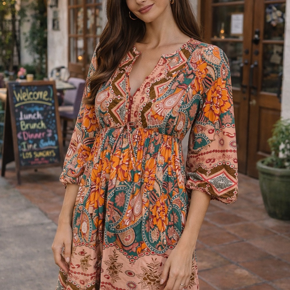 Boho Floral Paisley Midi Dress in Orange and Green
